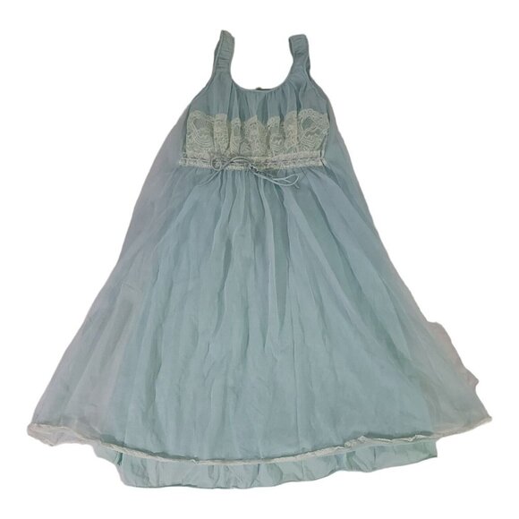 CHIFFON Nightgown Blue Sexy Late 50s Early 60s MISS SIREN Size 32 Sweep Lace - Picture 1 of 6